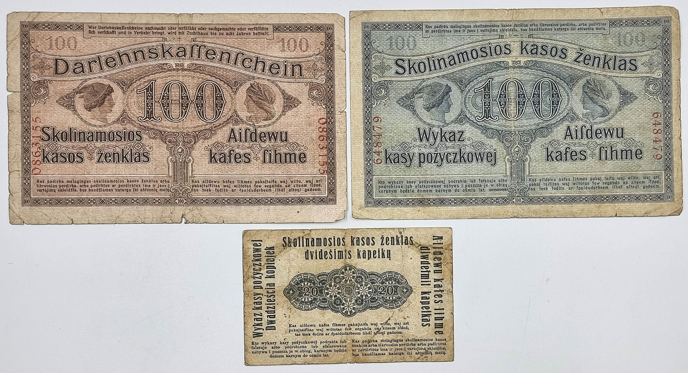 Polska - niemieckie władze okupacyjne - OST. 20 kopiejek, 100 rubli 1916, Poznań i 100 marek 1918, Kowno